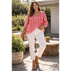 Catherines Peasant Blouse Womens 1X Coral Pink White Geometric 3/4 Sleeve Top